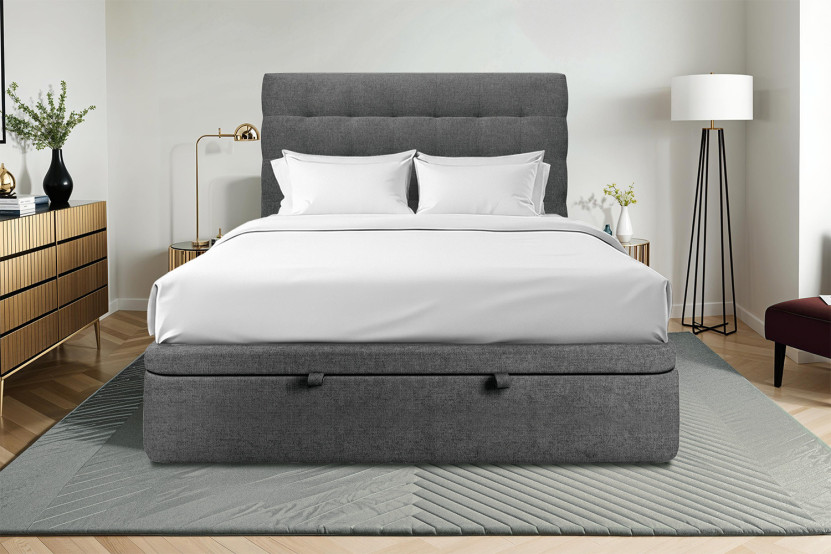 Lit coffre 140x190 cm avec Tête de lit capitonnée - Tissu Toile natté Gris Anthracite