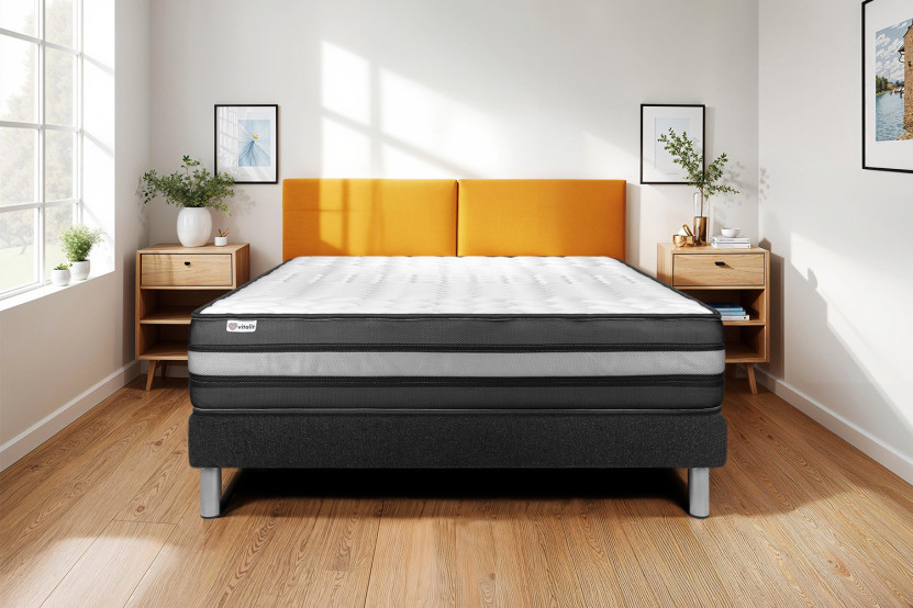 Ensemble Matelas Sommier 90x200 cm - Sommier Noir (déjà monté) - Vital Power Zen