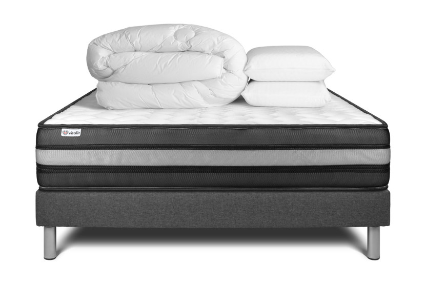 Pack lit complet 140x190 cm - Matelas + Sommier Gris (en kit) + 2 oreillers + Couette - Vital Power Zen