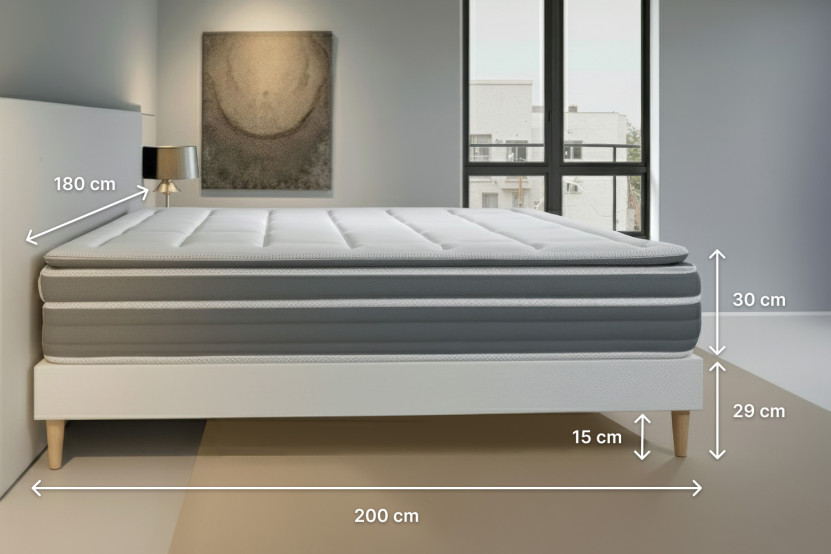 Pack lit complet 180x200 cm - Matelas + Sommier Gris (en kit) + 2 oreillers + Couette - Trente PLUS