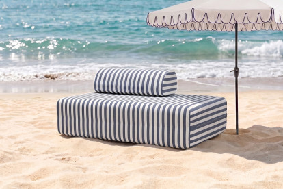 Canapé 2 places modulable - Tissu extérieur à rayures, blanc et bleu foncé