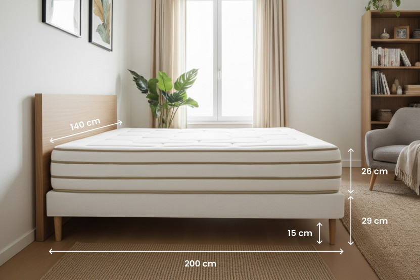 Pack lit complet 140x200 cm - Matelas + Sommier Beige (en kit) + 2 oreillers + Couette - Le Douillet