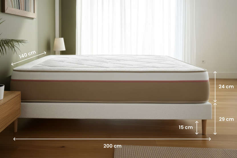 Pack lit complet 140x200 cm - Matelas + Sommier Beige + 2 oreillers + Couette - Le Soyeux