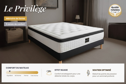 Pack lit complet 200x200 cm - Matelas + Sommier Noir (en kit) + 2 oreillers + Couette - Privilège