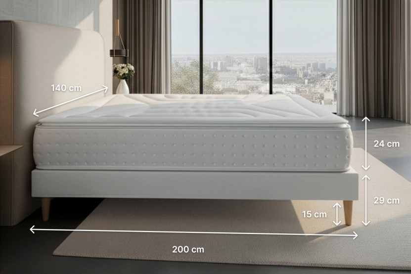 Pack lit complet 140x200 cm - Matelas + Sommier Gris (en kit) + 2 oreillers + Couette - Vingt-Quatre PLUS