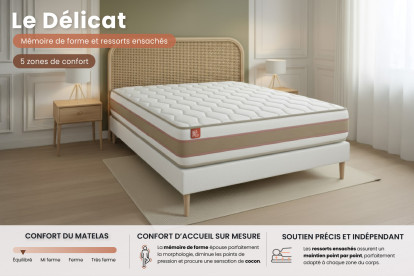 Ensemble Matelas Sommier 90x190 cm - Sommier Blanc (en kit) - Le Délicat