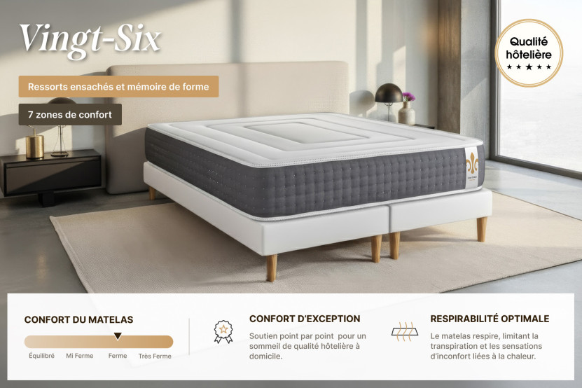 Pack lit complet 180x200 cm - Matelas + Sommier Gris (en kit) + 2 oreillers + Couette - Vingt-Six