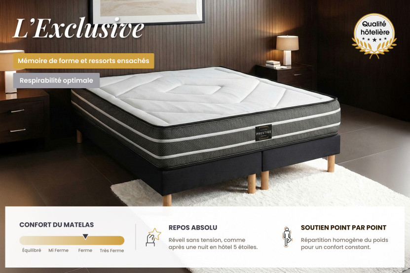 Ensemble Matelas Sommier 120x190 cm - Sommier Noir (en kit) - Exclusive