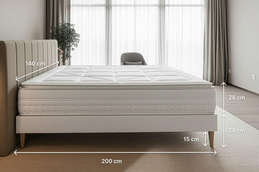 Pack lit complet 140x200 cm - Matelas + Sommier Blanc (en kit) + 2 oreillers + Couette - Vingt-Huit PLUS
