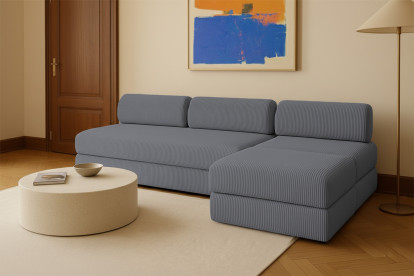 Canapé d'angle 6 places - 3 modules convertibles : Canapé 3 places + Fauteuil + Pouf - Velours côtelé Gris