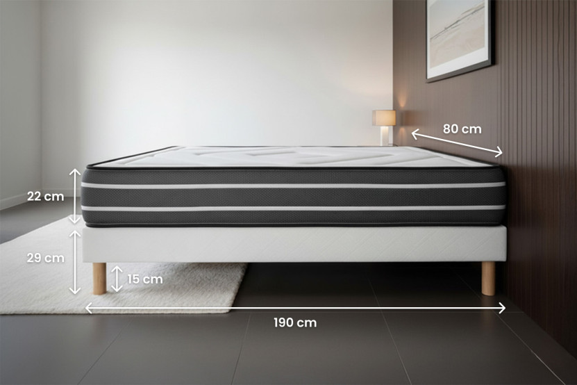 Ensemble Matelas Sommier 80x190 cm - Sommier Noir (en kit) - Exclusive