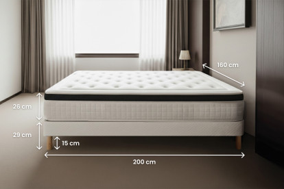 Pack lit complet 160x200 cm - Matelas + Sommier Noir + 2 oreillers + Couette - Privilège