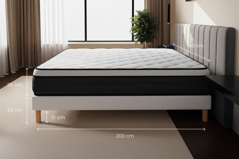 Pack lit complet 140x200 cm - Matelas + Sommier Noir (en kit) + 2 oreillers + Couette - Suite