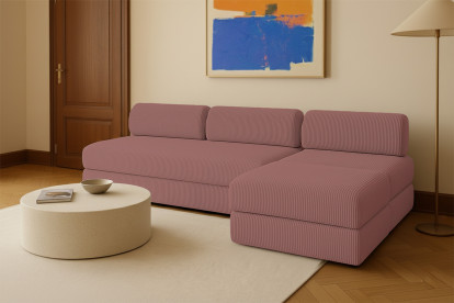 Canapé d'angle 6 places - 3 modules convertibles : Canapé 3 places + Fauteuil + Pouf - Velours côtelé Rose