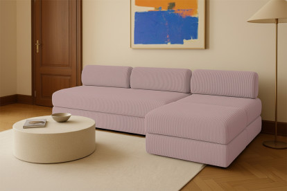 Canapé d'angle 6 places - 3 modules convertibles : Canapé 3 places + Fauteuil + Pouf - Velours côtelé Rose pâle