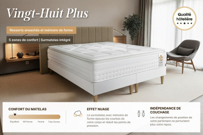 Pack lit complet 160x200 cm - Matelas + Sommier Gris (en kit) + 2 oreillers + Couette - Vingt-Huit PLUS
