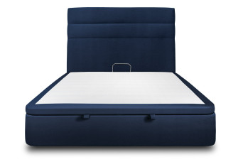 Lit coffre 200x200 cm avec Tête de lit à lignes - Tissu Velours Bleu Océan