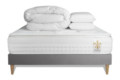 Pack lit complet 140x190 cm - Matelas + Sommier Gris + 2 oreillers + Couette - Vingt-Huit PLUS