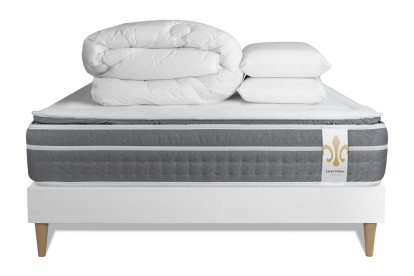 Pack lit complet 200x200 cm - Matelas + Sommier Blanc (en kit) + 2 oreillers + Couette - Trente PLUS
