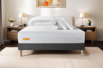 Pack lit complet 140x190 cm - Matelas + Sommier Gris (en kit) + 2 oreillers + Couette - Memo Bio