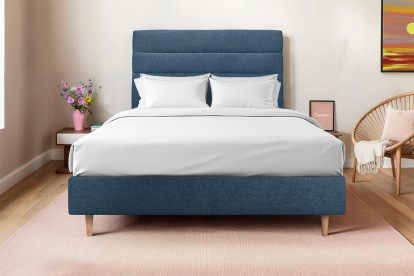 Lit 150x190 cm - Sommier tapissier H35 cm + tête de lit à lignes - Tissu Toile natté Bleu Océan
