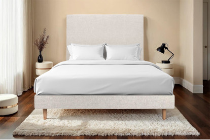 Lit 150x190 cm - Sommier à lattes H29 cm + tête de lit tapissée - Tissu Toile natté Beige Clair