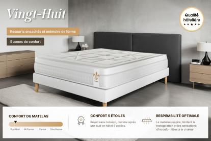 Pack lit complet 140x190 cm - Matelas + Sommier Gris (en kit) + 2 oreillers + Couette - Vingt-Huit