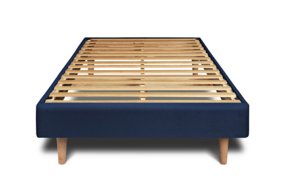 Lit 90x190 cm - Sommier à lattes H29 cm + tête de lit à lignes - Tissu Velours Bleu Océan