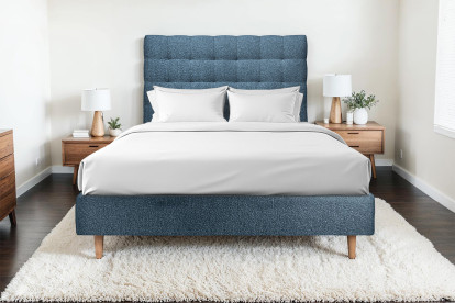 Lit 150x190 cm - Sommier tapissier H35 cm + tête de lit capitonnée - Tissu Bouclette Bleu
