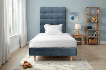 Lit 90x190 cm - Sommier à lattes H29 cm + tête de lit capitonnée - Tissu Bouclette Bleu