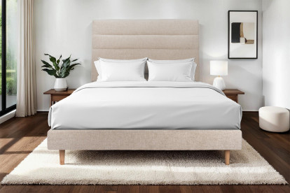 Lit 140x200 cm - Sommier tapissier H29 cm + tête de lit à lignes - Tissu Toile natté Beige Brun