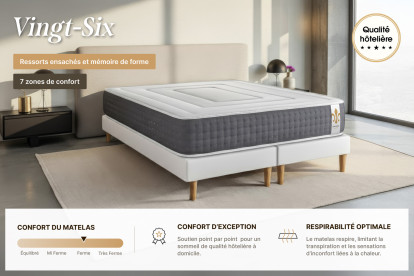 Pack lit complet 160x200 cm - Matelas + Sommier Blanc + 2 oreillers + Couette - Vingt-Six