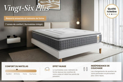 Pack lit complet 200x200 cm - Matelas + Sommier Blanc (en kit) + 2 oreillers + Couette - Vingt-Six PLUS
