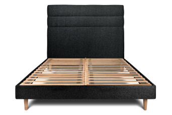 Lit 135x190 cm - Sommier à lattes H29 cm + tête de lit à lignes - Tissu Bouclette Noir
