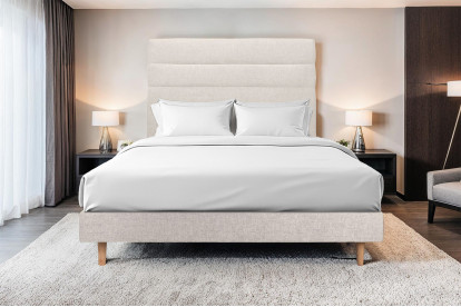 Lit 150x200 cm - Sommier tapissier H29 cm + tête de lit à lignes - Tissu Toile natté Beige Clair