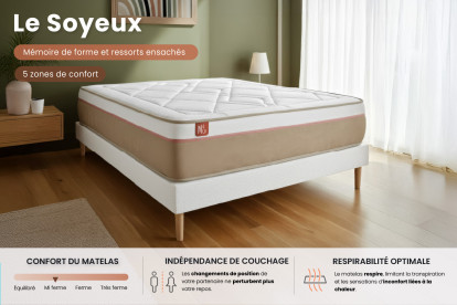 Ensemble Matelas Sommier 160x200 cm - Sommier Blanc (déjà monté) - Le Soyeux