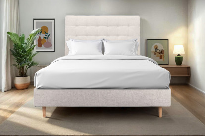 Lit 140x200 cm - Sommier tapissier H35 cm + tête de lit capitonnée - Tissu Toile natté Beige Clair
