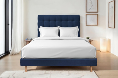 Lit 140x200 cm - Sommier tapissier H29 cm + tête de lit capitonnée - Tissu Velours Bleu Océan
