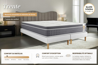 Pack lit complet 160x200 cm - Matelas + Sommier Blanc (en kit) + 2 oreillers + Couette - Trente