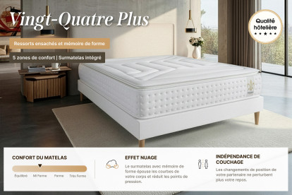 Pack lit complet 140x190 cm - Matelas + Sommier Blanc + 2 oreillers + Couette - Vingt-Quatre PLUS