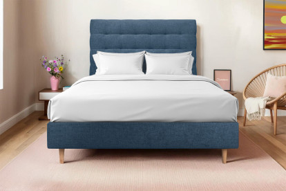Lit 140x190 cm - Sommier tapissier H35 cm + tête de lit capitonnée - Tissu Toile natté Bleu Océan