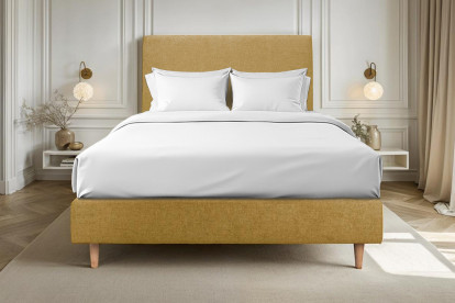 Lit 135x190 cm - Sommier tapissier H35 cm + tête de lit tapissée - Tissu Toile natté Jaune