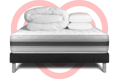 Pack lit complet 140x200 cm - Matelas + Sommier Noir (en kit) + 2 oreillers + Couette - Vitalmemo Back