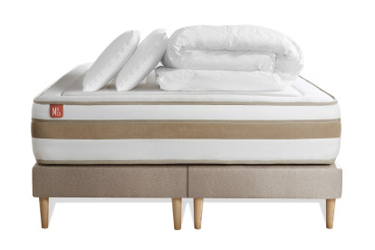 Pack lit complet 200x200 cm - Matelas + 2 Sommiers Beiges + 2 oreillers + Couette - Le Raffiné