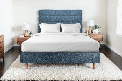 Lit 150x190 cm - Sommier tapissier H35 cm + tête de lit à lignes - Tissu Bouclette Bleu