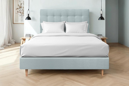 Lit 150x190 cm - Sommier tapissier H35 cm + tête de lit capitonnée - Tissu Velours Gris Bleuté