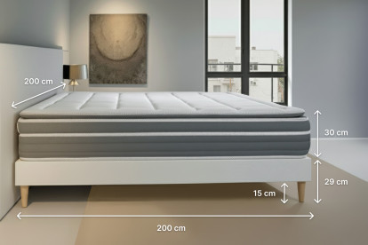 Pack lit complet 200x200 cm - Matelas + Sommier Gris (en kit) + 2 oreillers + Couette - Trente PLUS