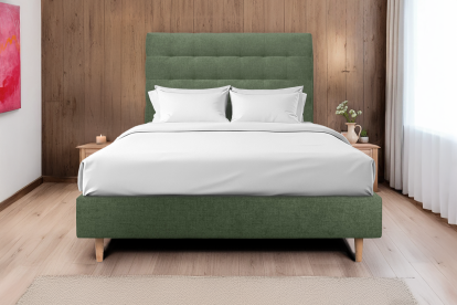 Lit 150x190 cm - Sommier tapissier H35 cm + tête de lit capitonnée - Tissu Toile natté Vert Kaki