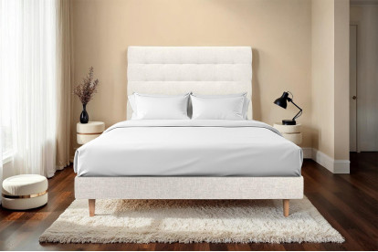 Lit 140x200 cm - Sommier à lattes H29 cm + tête de lit capitonnée - Tissu Toile natté Beige Clair