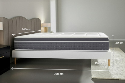 Pack lit complet 140x200 cm - Matelas + Sommier Gris + 2 oreillers + Couette - Trente